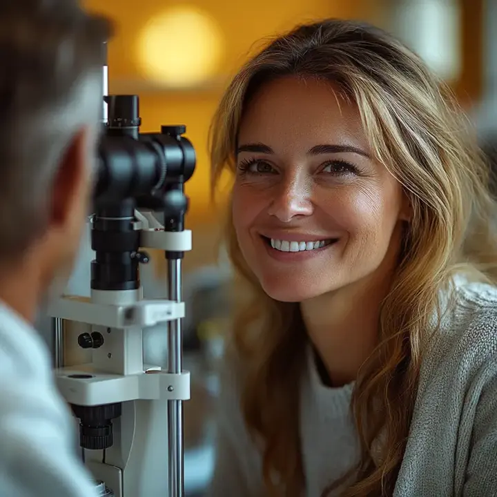Une femme souriante lors d'un examen de la vue, se tenant devant un appareil optique. Elle porte un pull beige et semble détendue dans un environnement lumineux et moderne.