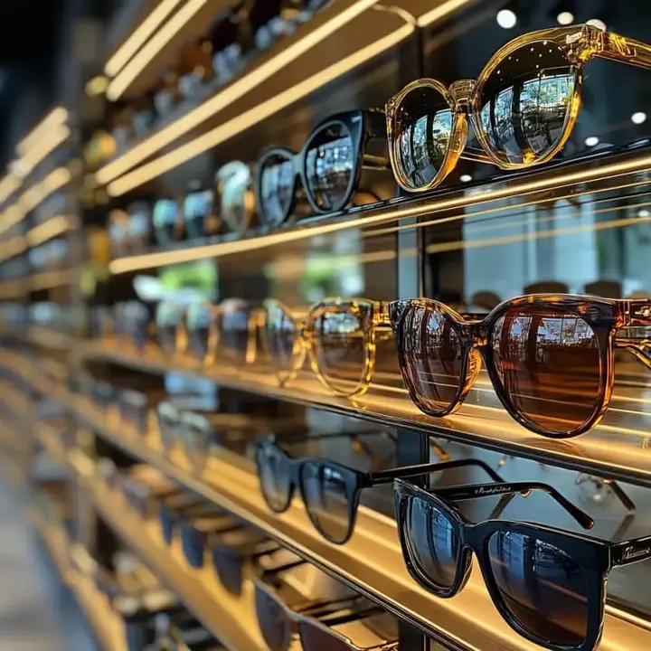 Des lunettes de soleil exposées sur des étagères éclairées dans un magasin, avec une variété de montures colorées et une lumière douce accentuant leur brillance