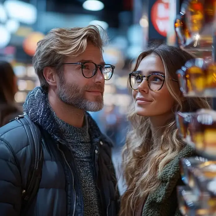 Un homme et une femme souriants, portant des lunettes, en train de regarder des montures exposées dans un magasin d'optique lumineux