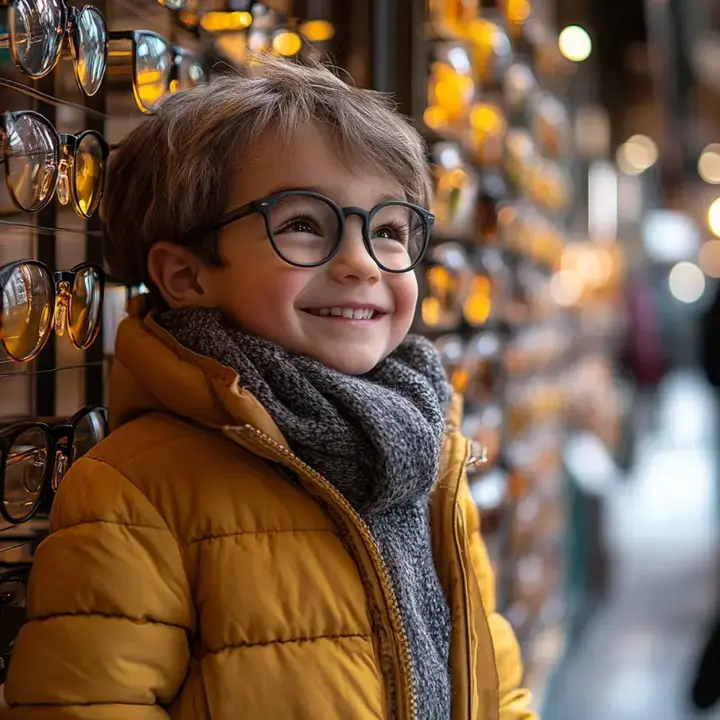 Un garçon souriant portant des lunettes rondes à monture noire, une veste jaune et une écharpe grise, se tenant devant un mur de montures de lunettes dans une opticienne boutique