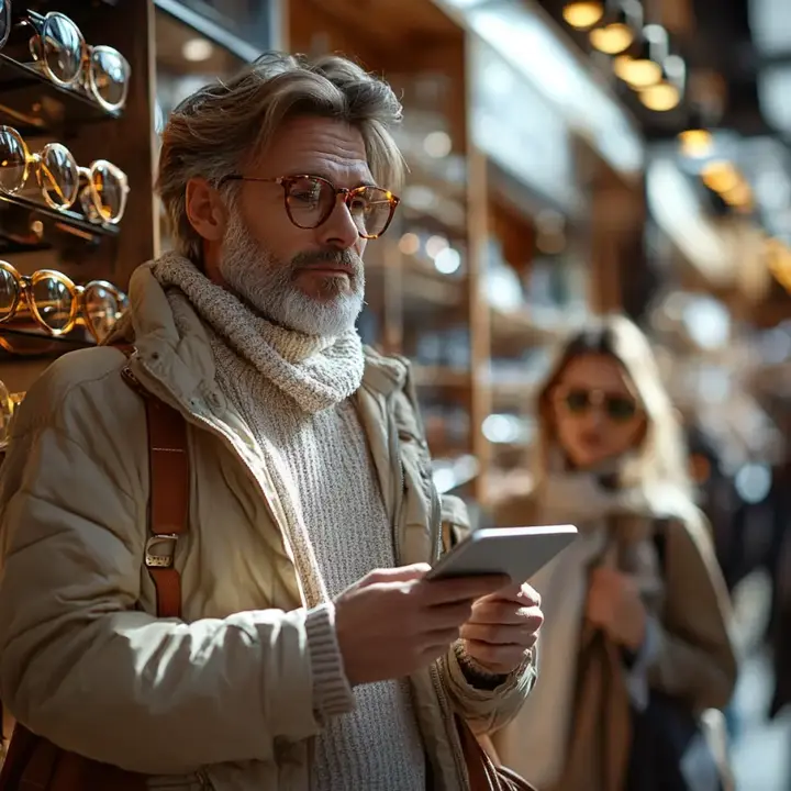 Un homme âgé portant des lunettes à monture écaille de tortue, un pull en laine beige et un manteau crème, tenant un téléphone portable dans une opticienne boutique. En arrière-plan, une femme portant des lunettes de soleil et un manteau beige est floue