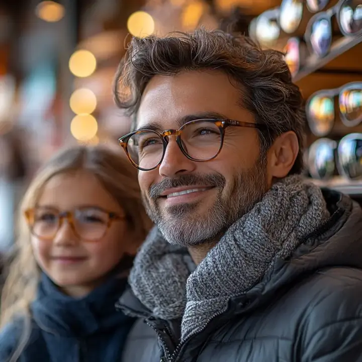 Un homme et une fille souriant ensemble, chacun portant des lunettes à monture écaille de tortue, avec des écharpes gris foncé. L'arrière-plan flou présente un étalage de lunettes, ajoutant une ambiance chaleureuse à l'image.