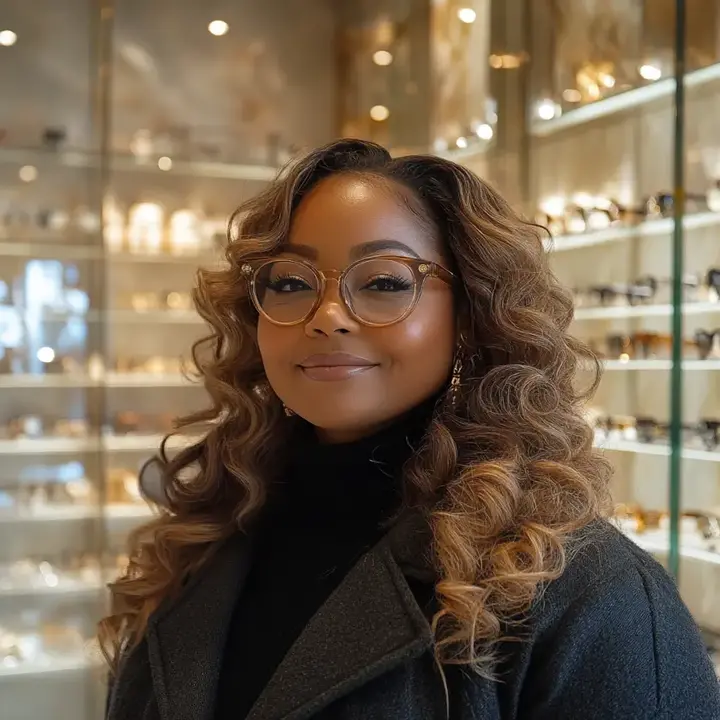 Portrait d'une femme souriante portant des lunettes élégantes, dans un magasin d'optique moderne avec des étagères de lunettes en arrière-plan. Elle porte un manteau noir et a des cheveux bouclés et volumineux.