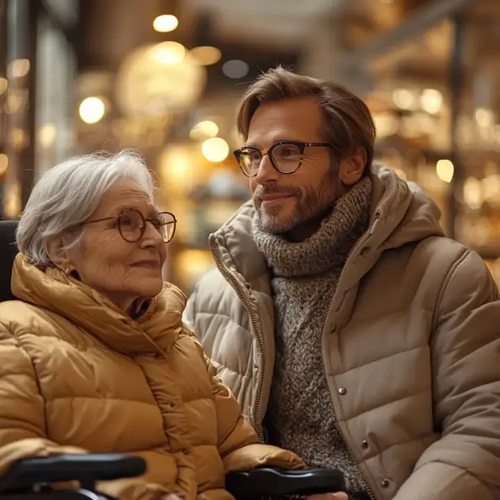 Un homme et une femme âgée, tous deux portant des lunettes élégantes, sourient dans un cadre chaleureux. La femme est en fauteuil roulant et porte une doudoune beige, tandis que l'homme porte un manteau et une écharpe tricotée.