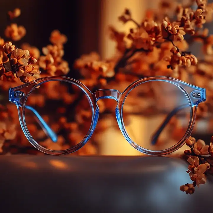 Des lunettes rondes à monture transparente bleu clair, posées devant des branches d'arbres aux fleurs orange, avec un fond lumineux.