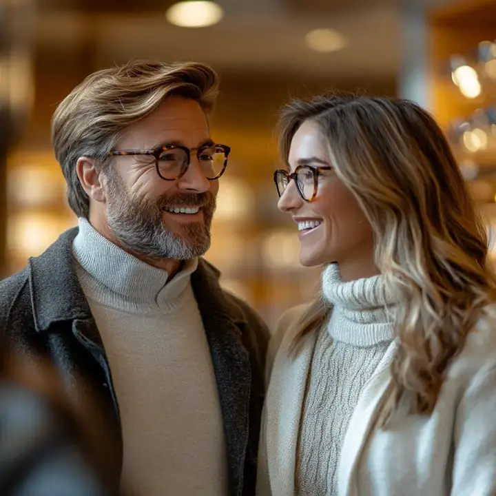 Un homme et une femme souriant et portant des lunettes élégantes. Ils sont vêtus de pulls à col roulé gris et blancs, avec des manteaux en laine. L'arrière-plan montre un environnement lumineux avec des étagères de lunettes.