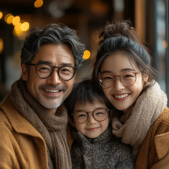 Un grand-père, un enfant et une mère souriants, tous portant des lunettes élégantes. Ils sont vêtus de manteaux et écharpes chaudes dans des tons de brun, dans un cadre lumineux avec des lumières douces en arrière-plan.