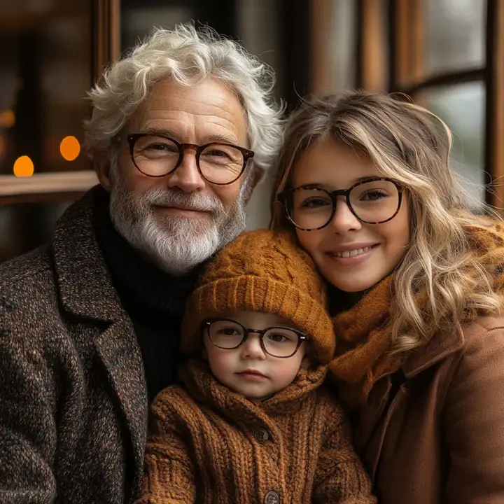 Un grand-père, une mère et un enfant souriant ensemble, tous portant des lunettes élégantes. Ils sont vêtus de tenues d'hiver en nuances de brun, avec des écharpes et des bonnets en laine, dans un cadre chaleureux avec des fenêtres en arrière-plan