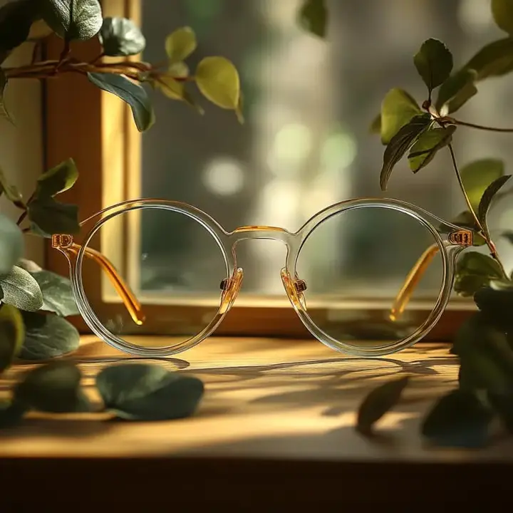 Des lunettes au design minimaliste avec une monture transparente et des branches orange, posées sur une surface en bois entourée de plantes, créant une ambiance naturelle et apaisante.