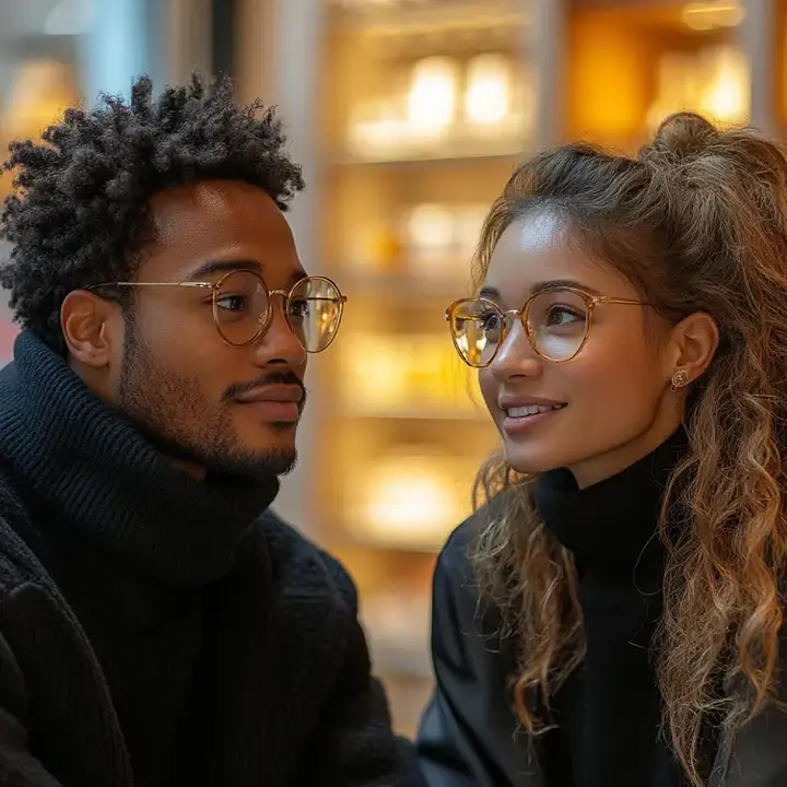 Un couple portant des lunettes élégantes, se regardant avec des sourires complices. Leurs tenues hivernales incluent des pulls à col roulé noirs, et l'arrière-plan montre un magasin lumineux avec des étagères de lunettes.