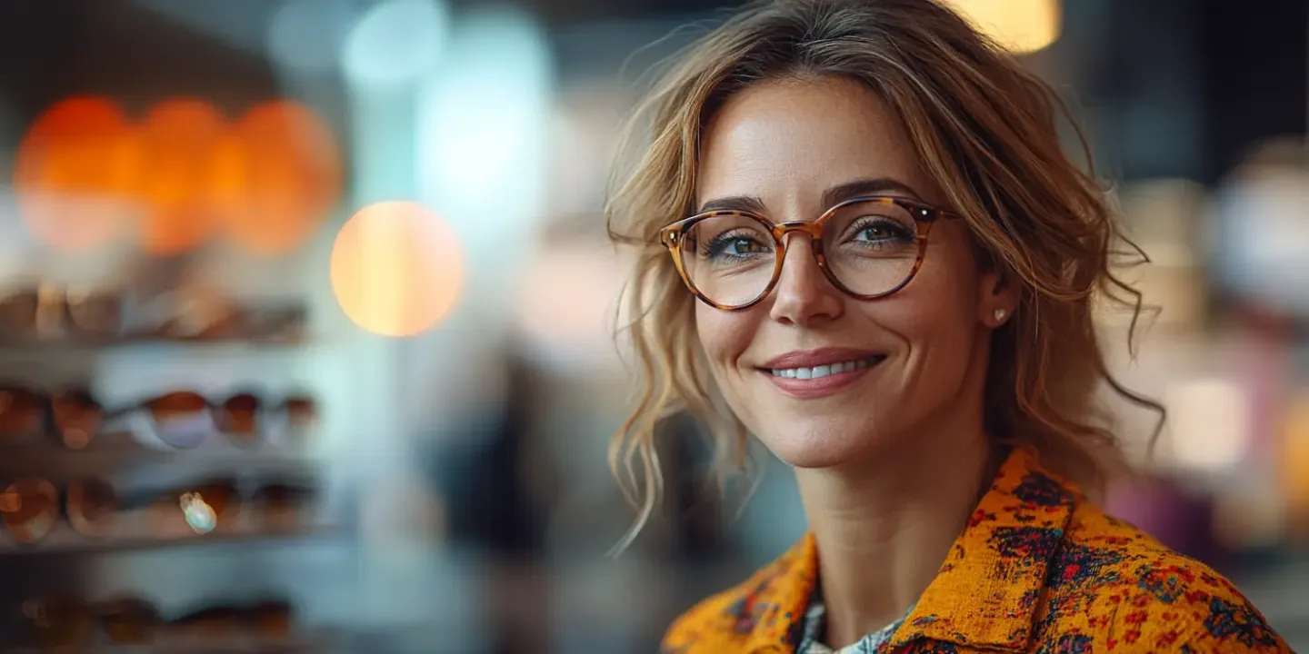 Femme souriante portant des lunettes de vue dans une boutique d’optique, illustrant le moment du choix d’une monture adaptée