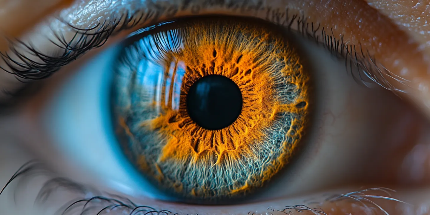 Gros plan ultra-détaillé d’un œil humain avec une iris orange et bleue, illustrant la complexité de la vision et les troubles comme la myopie ou l’astigmatisme.